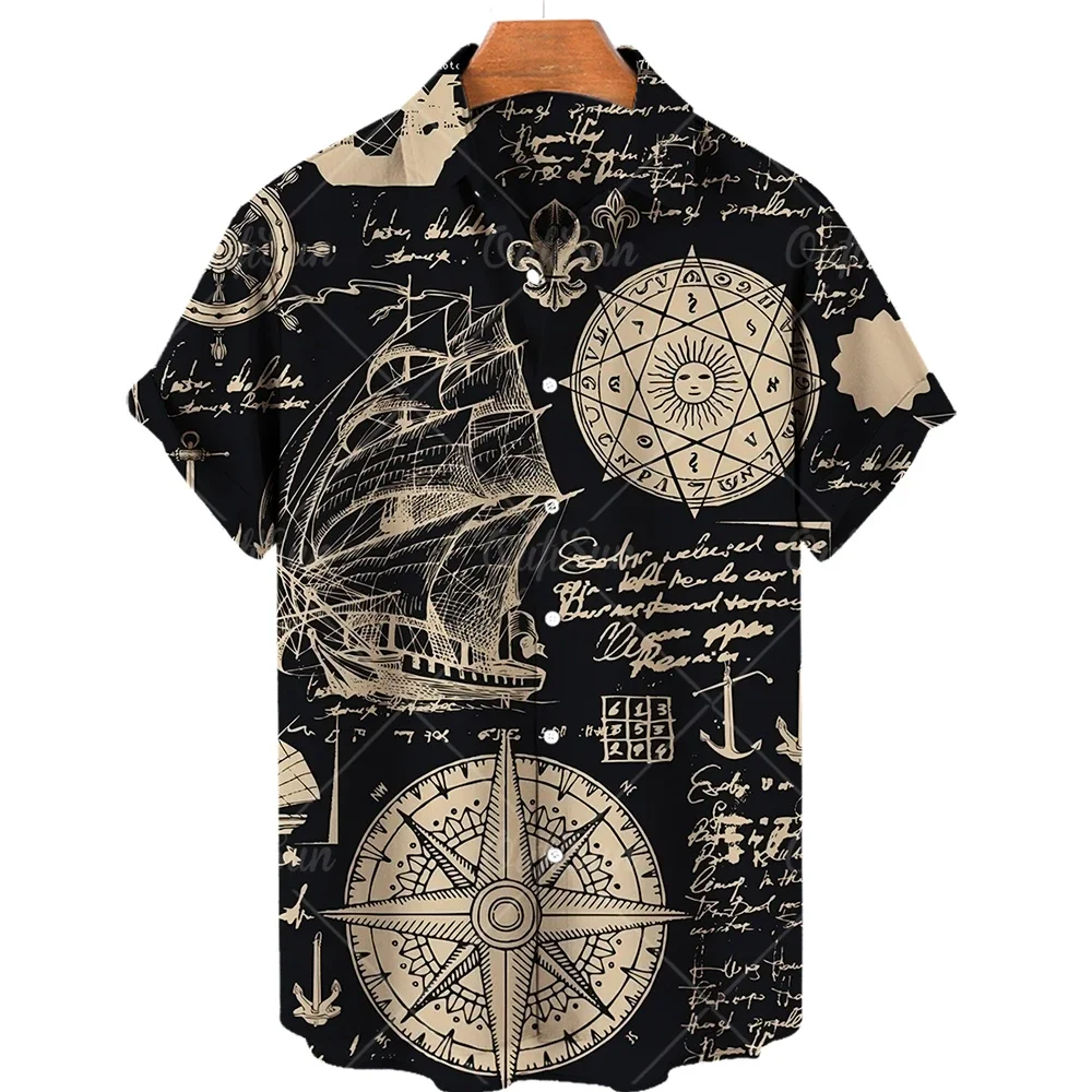 New Unisex Retro Men's Hawaiian Shirt Plus Size Shirt Sailboat Compass Marine 3d Print Retro Men's Shirt Loose Short Sleeve