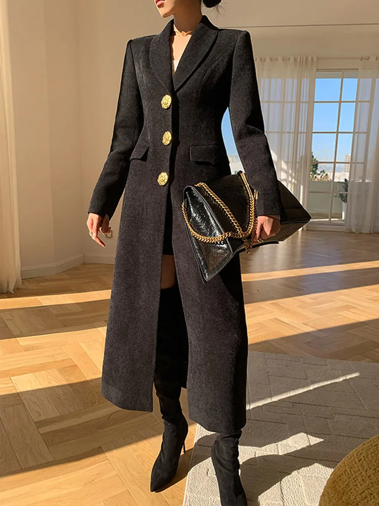 BZVW Black High-end Light Luxury Blazer Jacket Women's 2023 Winter Collection Waist Long Knee Length Woolen Coat Female 25X4237