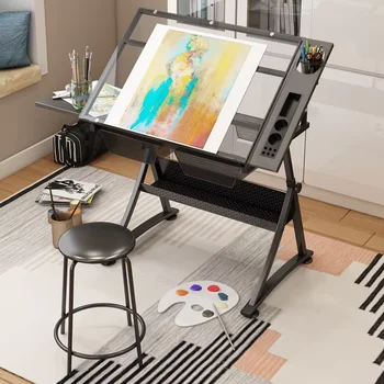 Tavolo da Disegno Artistico in Legno Massello con Piano in Vetro, Scrivania Regolabile in Altezza per Pittura, Banco da Lavoro per Designer, Tavolo da Disegno Nero per Arti e Mestieri