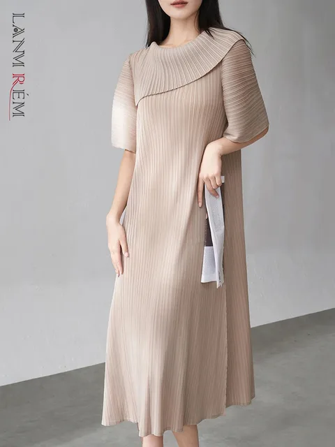 LANMREM Pleated Dress For Women Summer Design Turn-down Collar Short Sleeves New Simple Loose Mid-length Casual Dresses 2DM1010