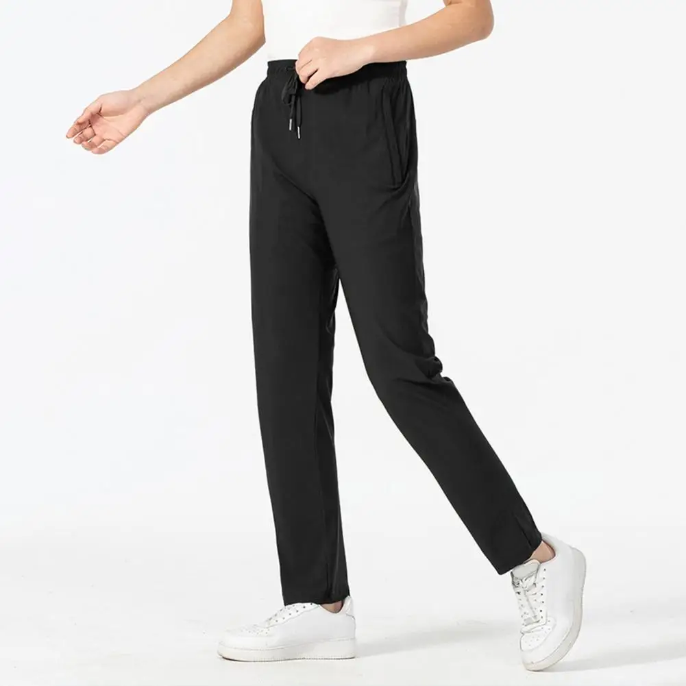 Youthful Adult Trousers Ice Silk Unisex Pants with Side Pockets Drawstring Waist for Gym Training Jogging Quick Dry Solid Color