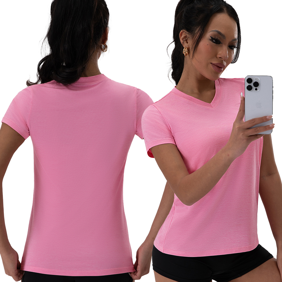 Women Running Sports T Shirt Summer Short Sleeve V-Neck Breathable Stretchy GYM Yoga Slim Fitness Active Top