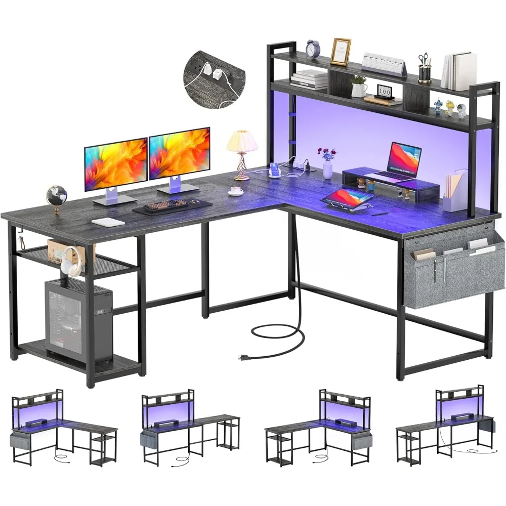 

L Shaped Desk with Power Outlet & LED Strip, Reversible L-Shaped Corner Computer Desks Gaming Desk with Storage Shelf