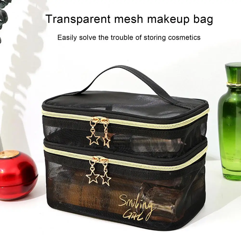 

Mesh Makeup Bag Double Layer Transparent Design Easy Access Dual Zipper Closure Multifunctional Toiletry Bag for Makeup Brushes