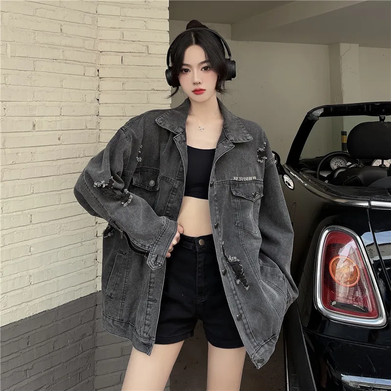 

2023 New Denim Jacket Women's Retro Washed Holes Zippered Free Shipping