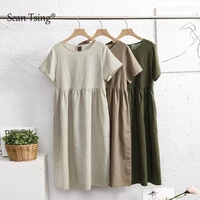 Women Cotton Linen Midi Dresses Summer Chic Female Vestidos Loose Soild A-Line Boho Dress Short Puffy Sleeve Casual Sundress New - Image 4