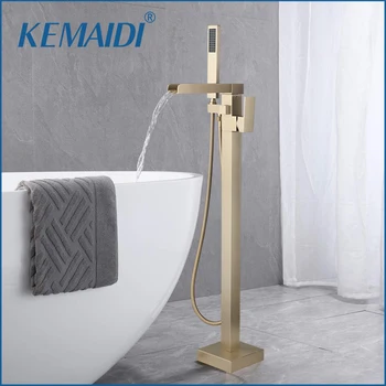 Kemaidi ก๊อกน้ำอ่างอาบน้ำอิสระที่เติมอ่างอาบน้ำไหลสูงน้ำตกก๊อกน้ำอ่างอาบน้ำแปรงทองก๊อกน้ำฝักบัวมือ 1