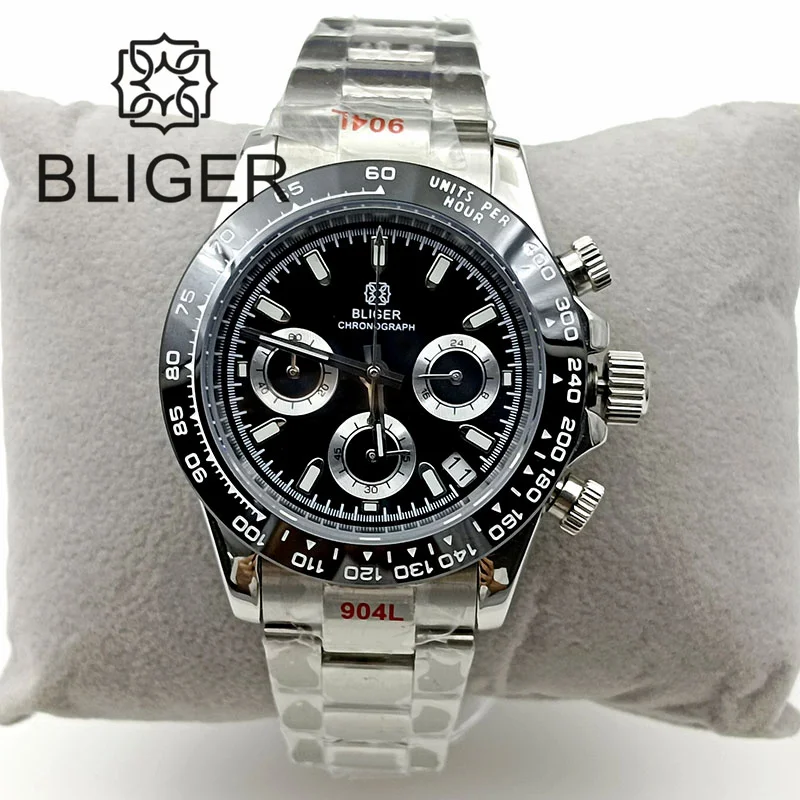 Bliger Vk63 Movimento Cronografo Orologio Da Uomo Al Quarzo 39Mm Cristallo Zaffiro Quadrante Nero Fibbia Scorrevole Luminosa Montres Hommes