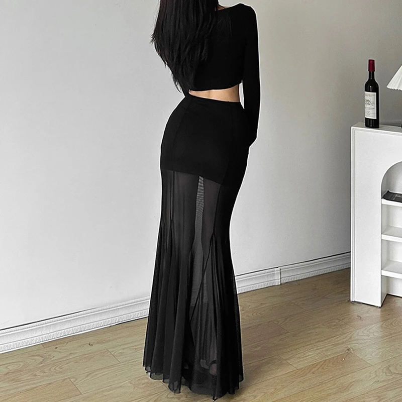 Elegant Skirt Women y2k Clothes See Through High Waist Fishtail Hem Mesh Bodycon Skirt 2000s Party Skirts Streetwear