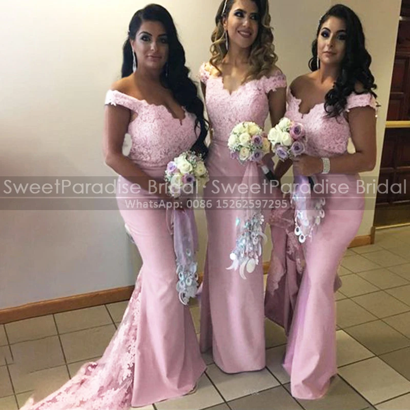 

Pink Lace Appliques Bridesmaid Dresses Off Shoulder Mermaid Long Sweep Train Trumpet Wedding Party Dress