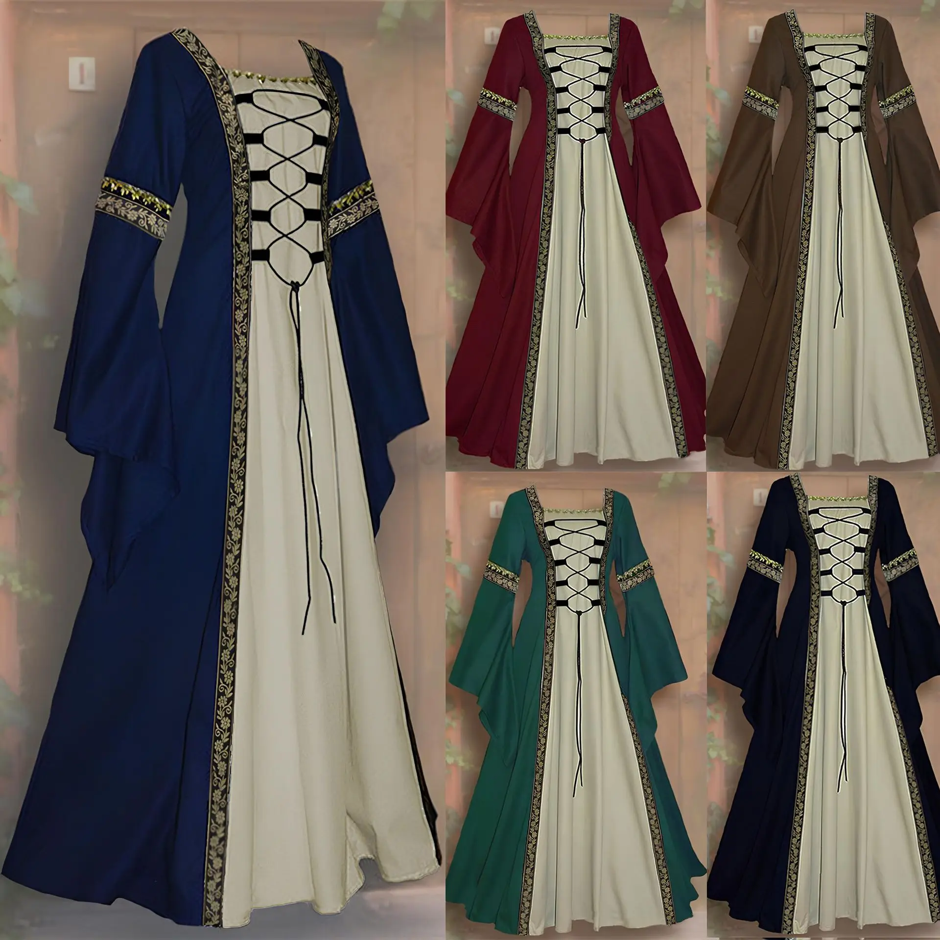 

Medieval Robe with Square Neck and Trumpet Sleeves Retro Performance Costume for Cosplay