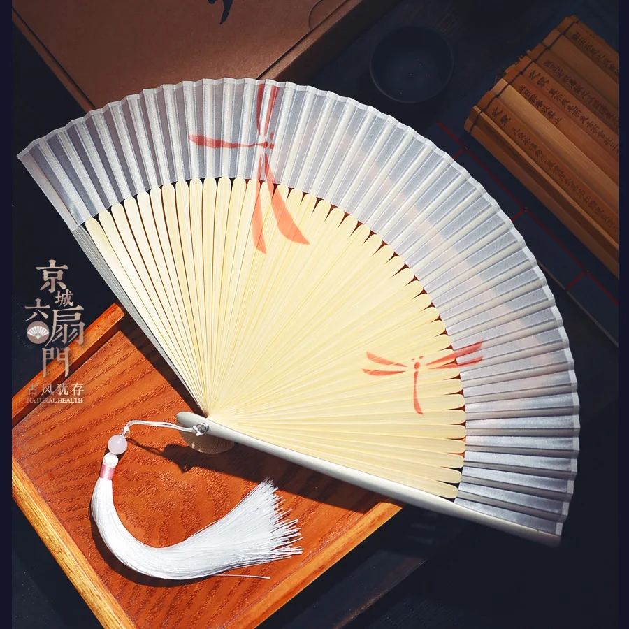

Chinese Style Gray Dragonfly Solid Color and Plain Silk Bamboo Fan Summer Japanese Style Folding Fan Folding Women's Jump Dance