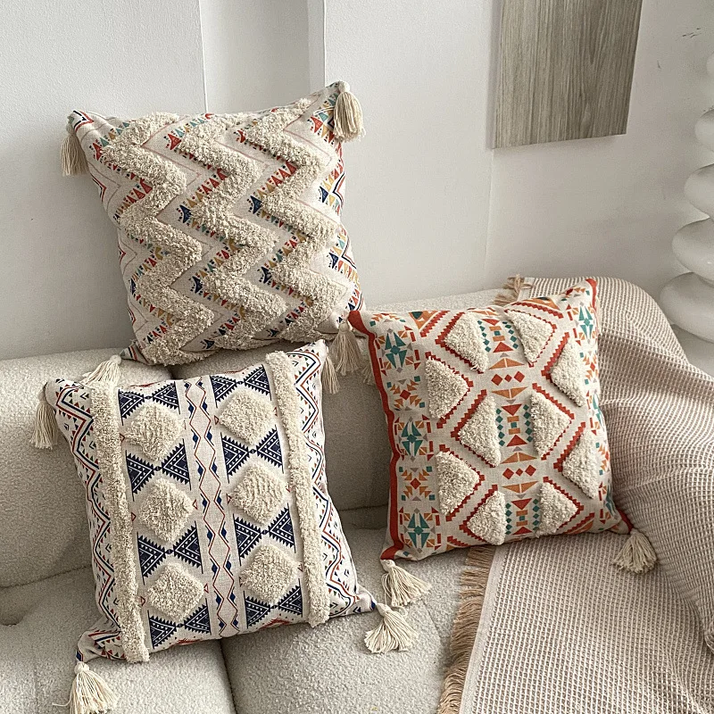 

Tufted Linen Print Pillowcase Bohemian Ethnic Pillowcase Sofa Bedroom Bedside Decorative Cushion Cover No Pillow Core