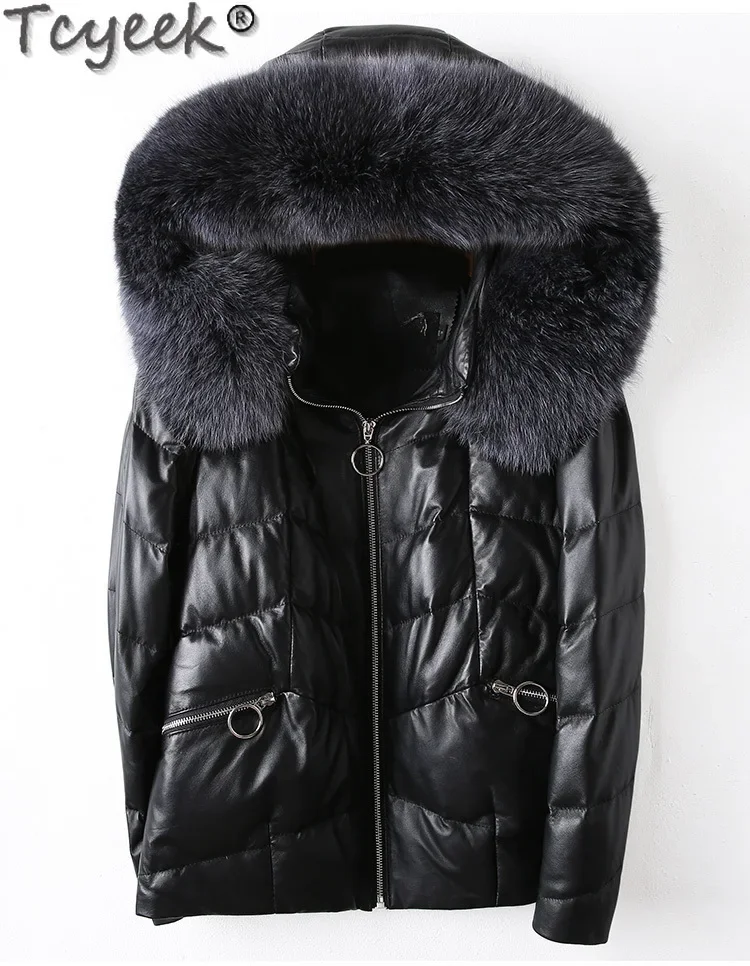 Tcyeek Genuine Leather Down Jacket Female Clothing Warm Fox Fur Collar 2023 Winter Jackets for Women Hooded Sheepskin Down Coat