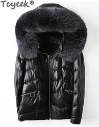 Tcyeek Genuine Leather Down Jacket Female Clothing Warm Fox Fur Collar 2023 Winter Jackets for Women Hooded Sheepskin Down Coat