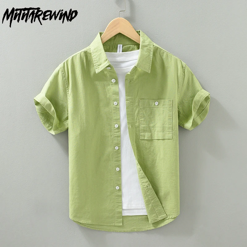 

Summer Fresh Men Shirts Daily Causal Shirt Beach Shirt Male Pocket Square Collar Short Sleeve Pure Cotton Shirt Man Simple Top