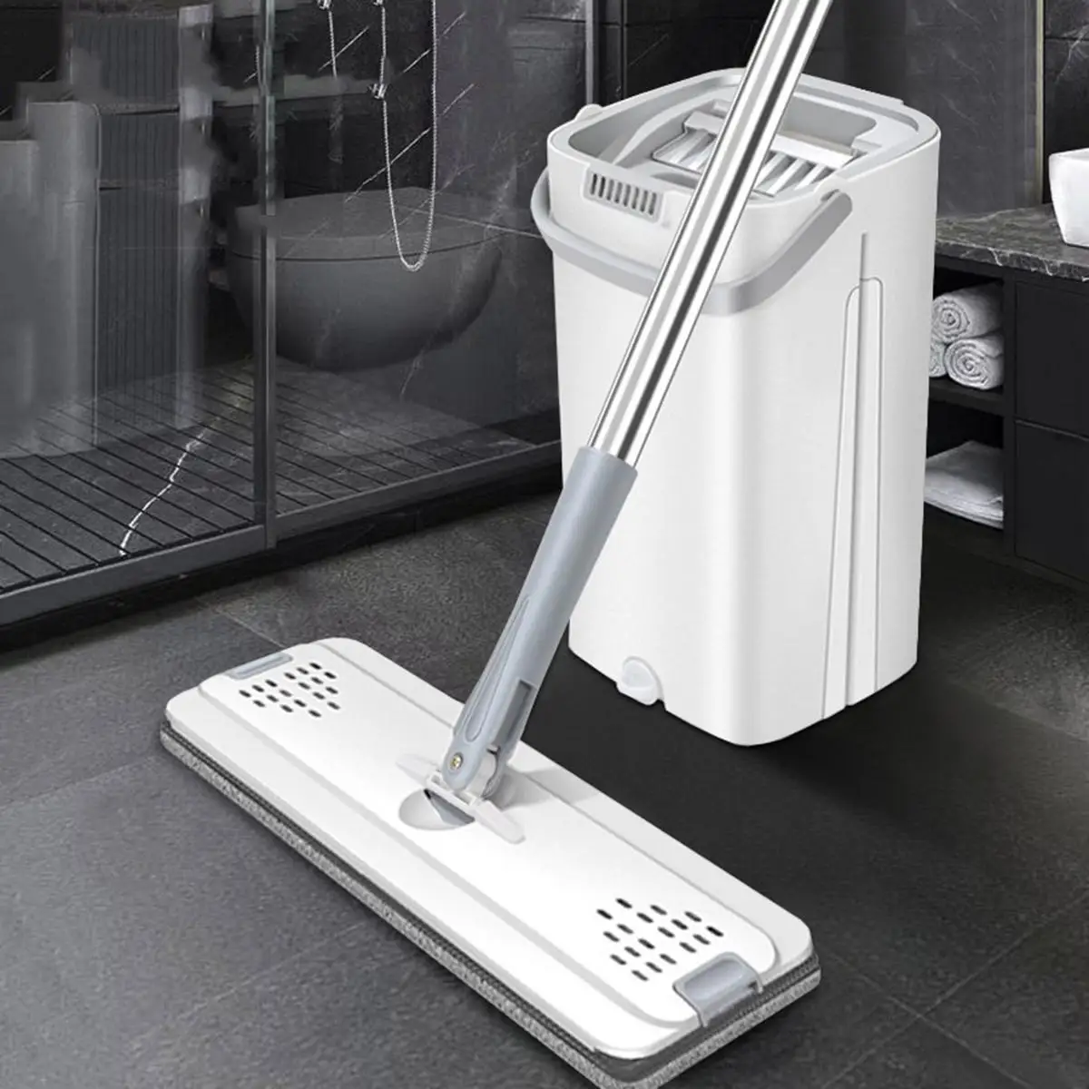

Magic Flat Squeeze Mop with Bucket Household Floor Cleaning Mop Microfiber 360 Rotating Automatic Dewatering Broom Mop Tools