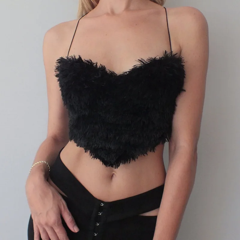

women sexy velvet low-cut crop tops V-neck plush tie up cropped wrap tops femme tank vest club wear