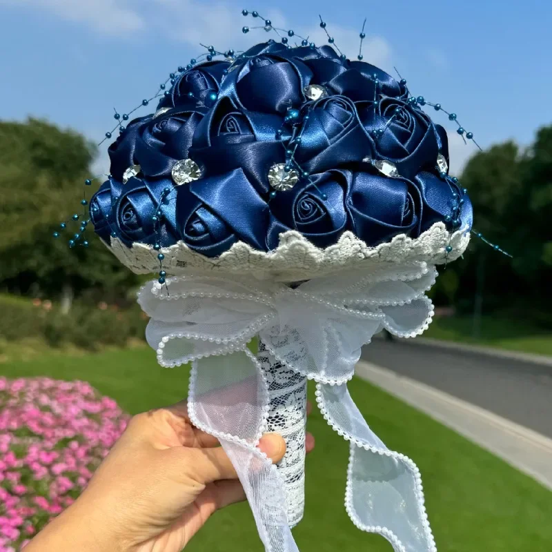 1pc White Rhinestone Ribbon Bridal Bouquet for Wedding Handmade Artificial Silk Holding Flowers Arrangements Bridesmaid Bouquet