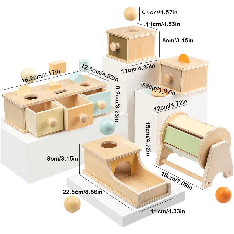 Montessori Wooden Early Learning Toys, Intellectual Development, Drawer/Target Box/Coin Box/Textile Drum, 6-24 Months 6