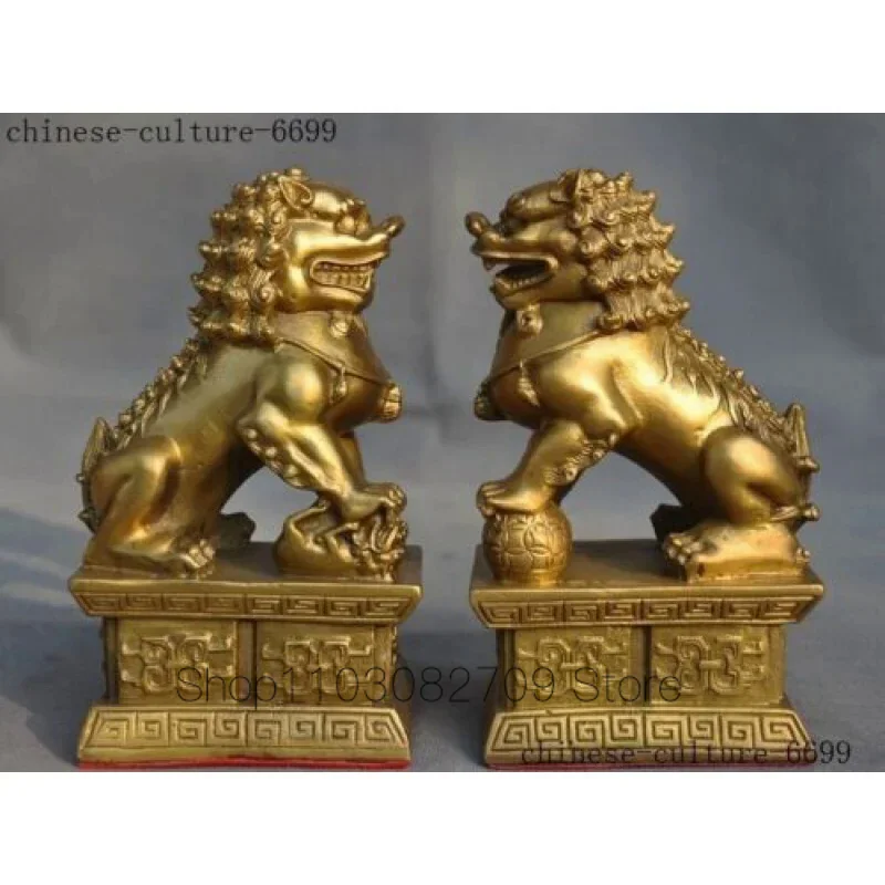 

6 Inch Old-Fashioned Chinese Feng Shui Brass Auspicious Fortune Dog Lion Beast Statue Pair