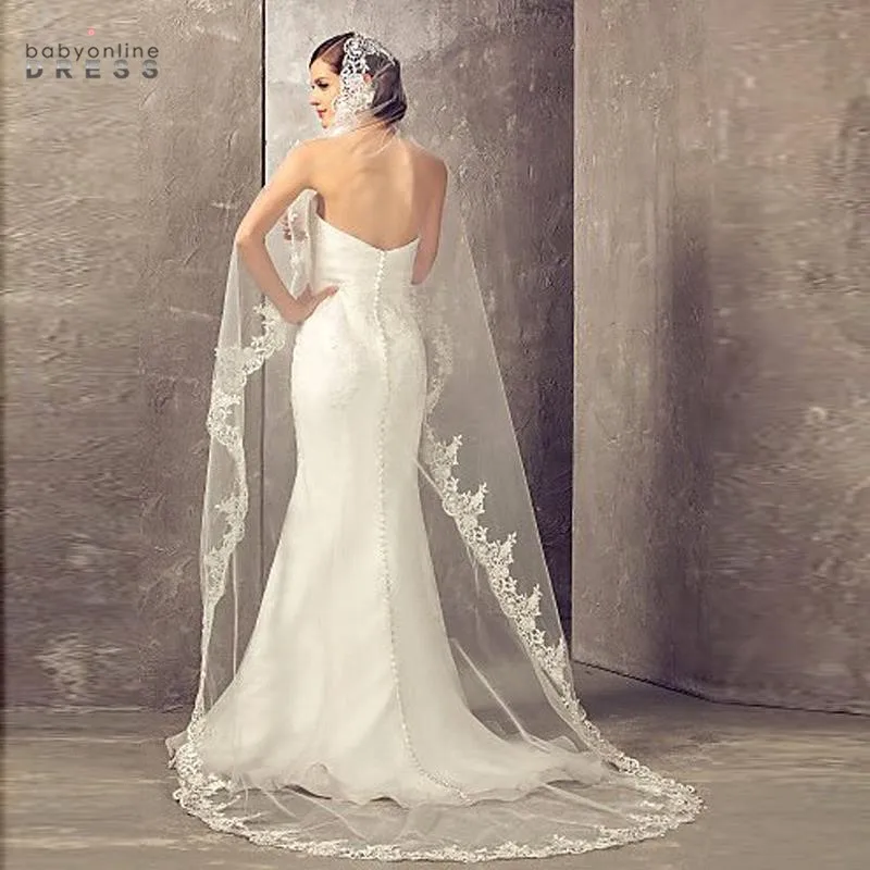 

Voile Mariage 3M One Layer Lace Edge White Ivory Cathedral Wedding Veil Long Face Covered Bridal Veil with Comb Veu de Noiva