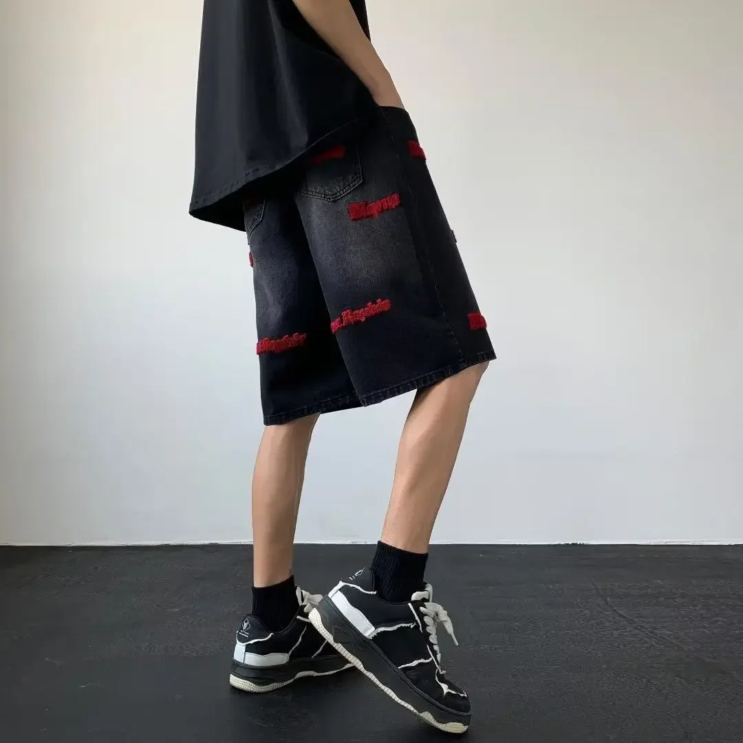 Denim Shorts Summer Jeans Shorts American style men embroidered retro high street washed fashion Instagram hip-hop sports