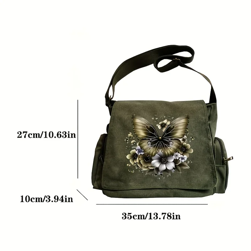 Women's Large Capacity Canvas Crossbody Bags Butterfly & Floral Shoulder Bag Multiple Pockets Message Bag Daily Commuting