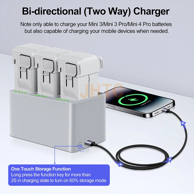 Chargeur et batterie compatibles DJI branchés, LED de charge allumée