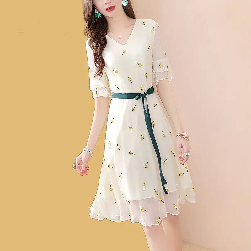

Elegant V-Neck Printed Spliced Loose Ruffles Bandage Bow Midi Dress Women's Clothing 2023 Summer New Sweet Floral Dress