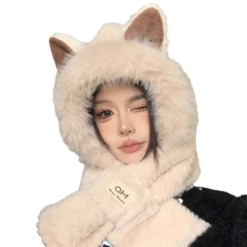 Fox Ear Hat Scarf One Piece Women's Winter Cute Plush Furry Animal Set with Neck Connection Two Piece