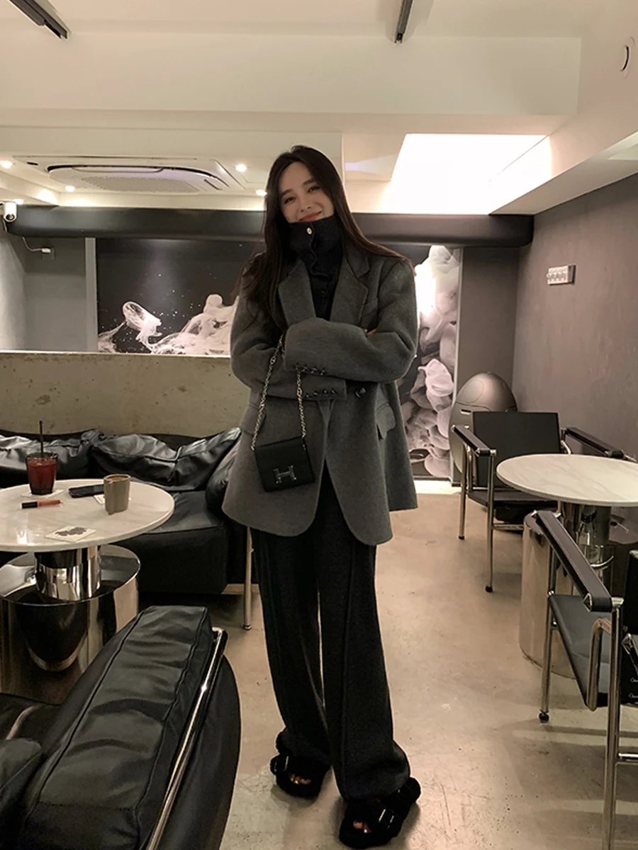 Gray Woolen Blazer Women's Thickened Warm Double-Breasted Lapel Mid-Length Fashion All-Match Autumn  Winter High-Grade Overcoat