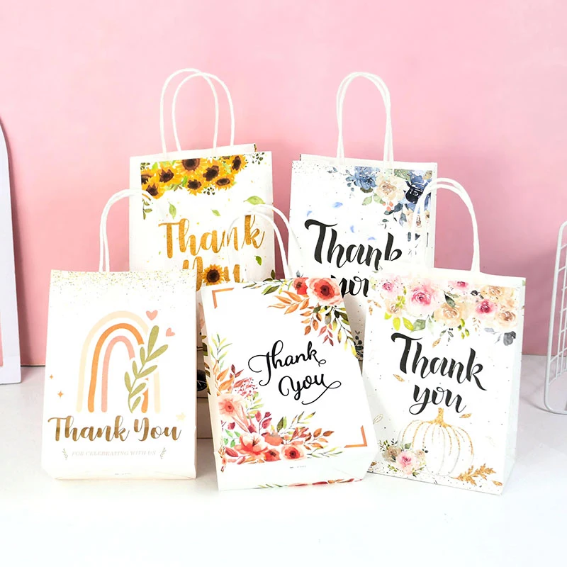 

5Pcs Thank You Gift Bags Kraft Paper Candy Cookies Packing Bag Wedding Gift For Guest Birthday Wedding Party Decoration