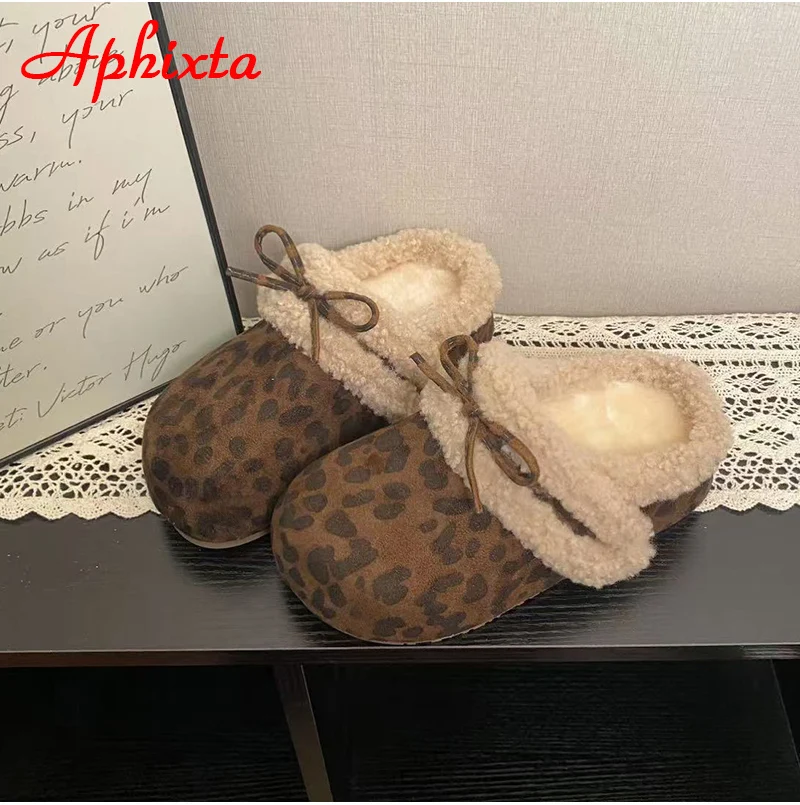 Aphixta Fashion Upper Bowknot 3cm Flat With Half Slippers Women Leopard Platform Warm Cotton Round Toe Slip On Lady Shoes