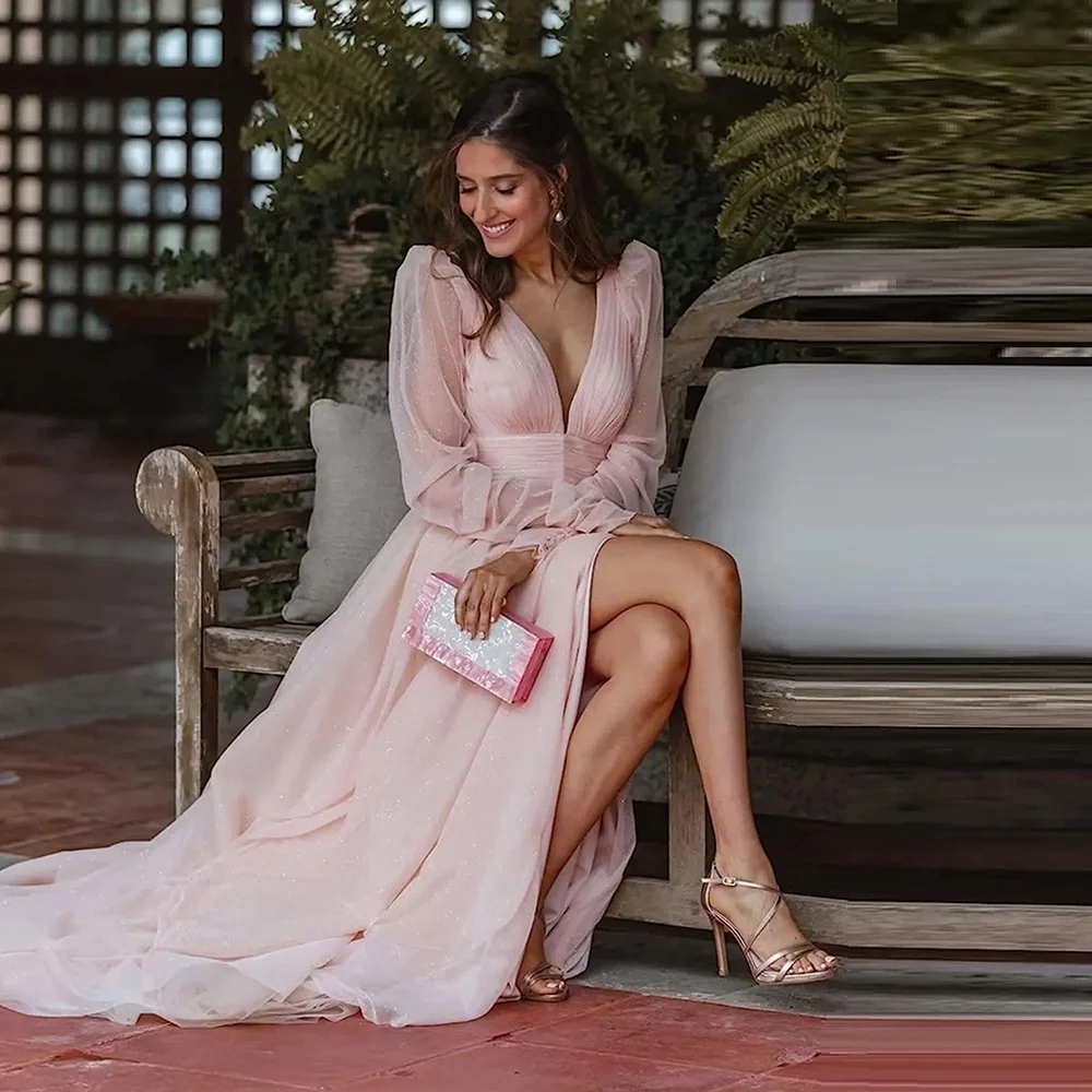 

Lily Pink Solid Evening Party Dresses for Women Sexy Deep V Neck Puff Long Sleeve Prom Dresses Chiffon High Slit Formal Gown