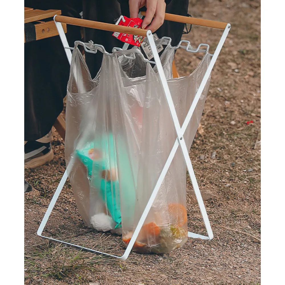 Outdoor portable wooden handle folding garbage rack, household kitchen, picnic, barbecue, plastic bag holder_voghion.com