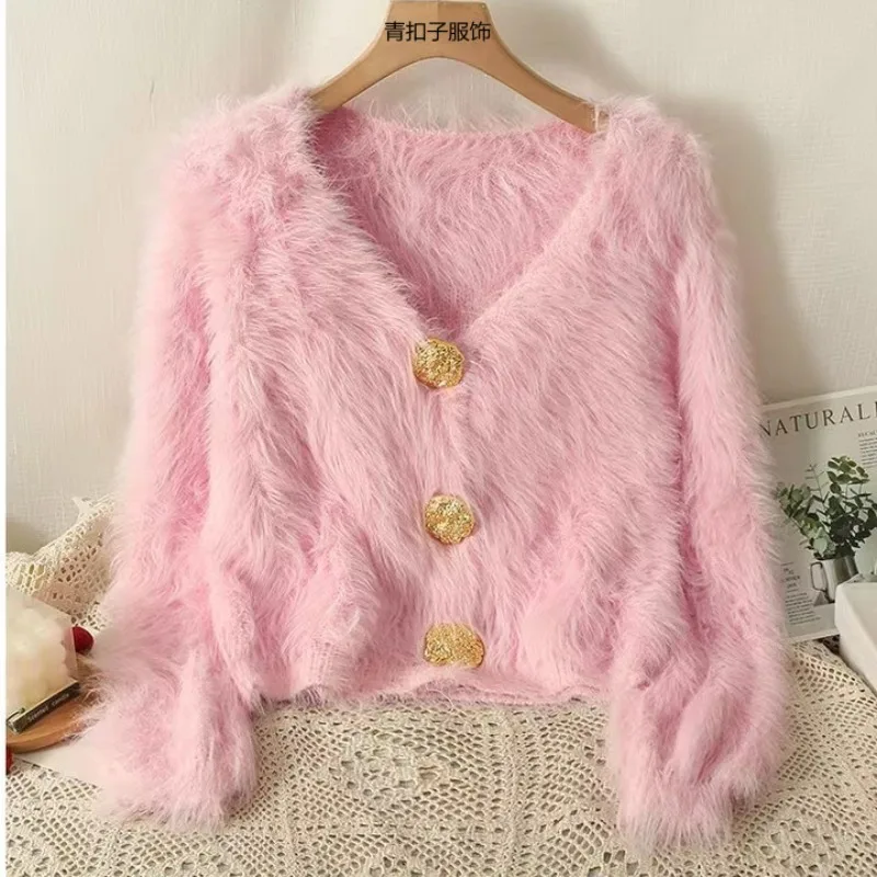 

Pink Soft Glutinous Sweater Coat Women's Autumn Winter Korean Top Mink-like Wool Short Knitted Cardigan Women Sueters De Mujer