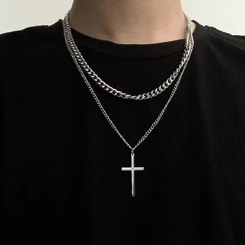 Punk Multilayer Cross Pendant Necklace for Men Women Vintage Minimalist Silver Color Cuban Link Chain Chokers Jewelry Gifts 2024
