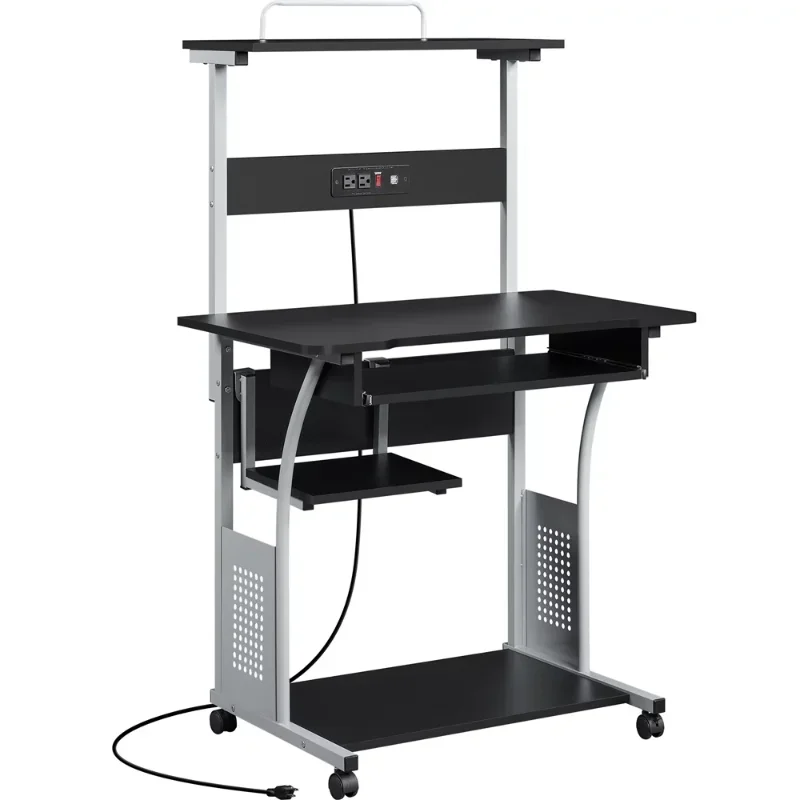 

3 Tiers Computer Desk with Charging Station Printer Shelf for Home Office, Black