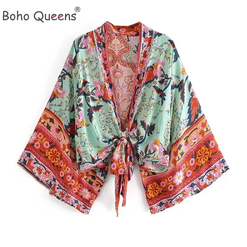 Boho Queens 여성용 꽃무늬 프린트 새시, 짧은 기모노, V넥 배트윙 슬리..