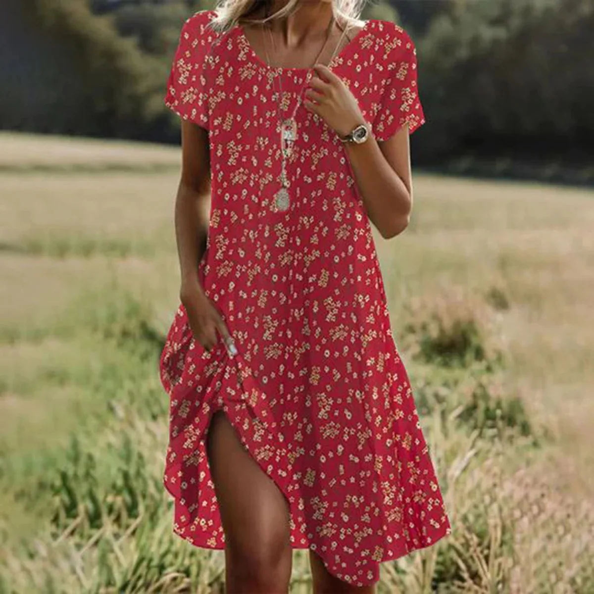 Floral Print V Neck Short Sleeve Summer Dress