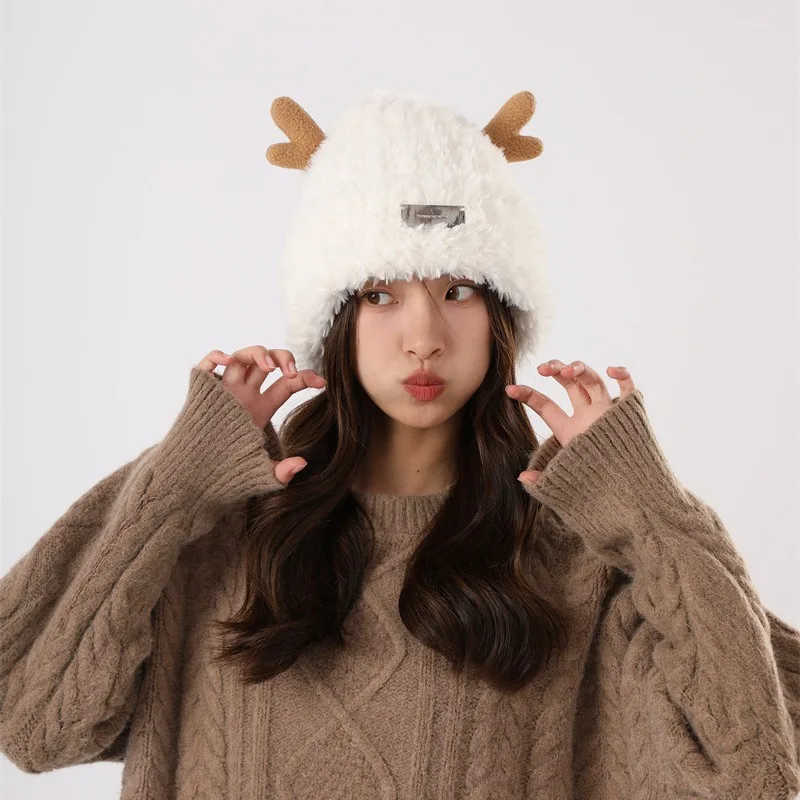 2024 Large Size Cute Faux Fur Earflap Caps Women Christmas Moose Reindeer Warm Ski Hat Men Winter Deer Antler Warm Beanie