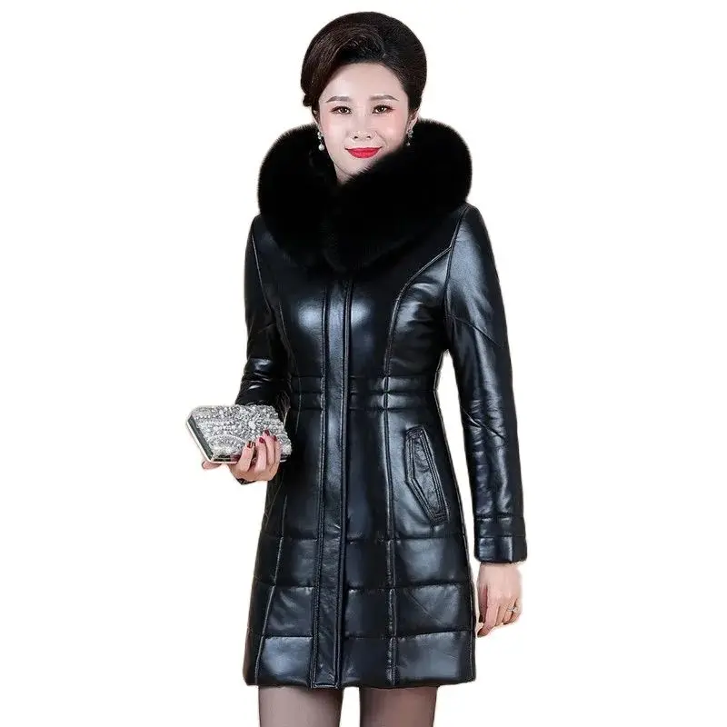 

New Middle-aged And Elderly Women's Leather Bown Keeps Warm In Winter, And The Long Fashion Mother Haining Leather Coat.
