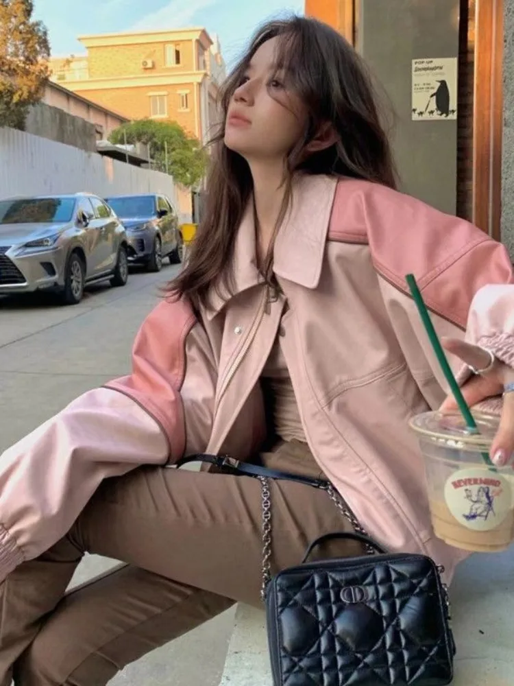 

HOUZHOU Pink Zip Up Cropped Jackets for Women Y2k Streetwear Sweet PU Leather Jacket 90s Vintage Varsity Jackets Harajuku Coats