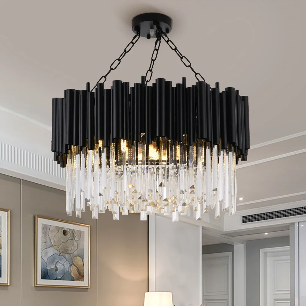 

K9 Crystal Luxury LED Chandelier Lighting Postmodern Living Dining Room Round Hanging Lamp Black Tube Villa Home Deco Fixtures