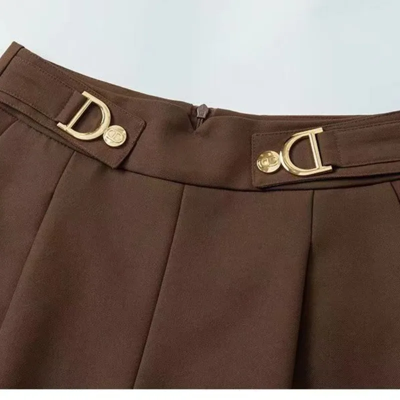 Women's 2023 Spring Autumn New High Waist Zipper Bright Line Decoration Pockets Loose Ruched Wide Leg Shorts A-line Casual Pants