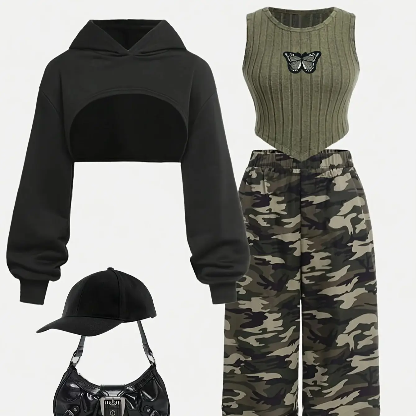 Kinderbekleidung, kurzes Kapuzen-Sweatshirt für Mädchen, Fleece-Rippweste und Camouflage-Jogginghose, dreiteiliges Set für Mädchen, Armeegrünes cooles Mädchen-Outfit