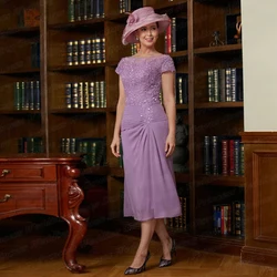 Elegant Tea Length Chiffon Mother Of The Bride Dresses For Woman Lace Formal Wedding Evening Party A Line Vestido De Madrina