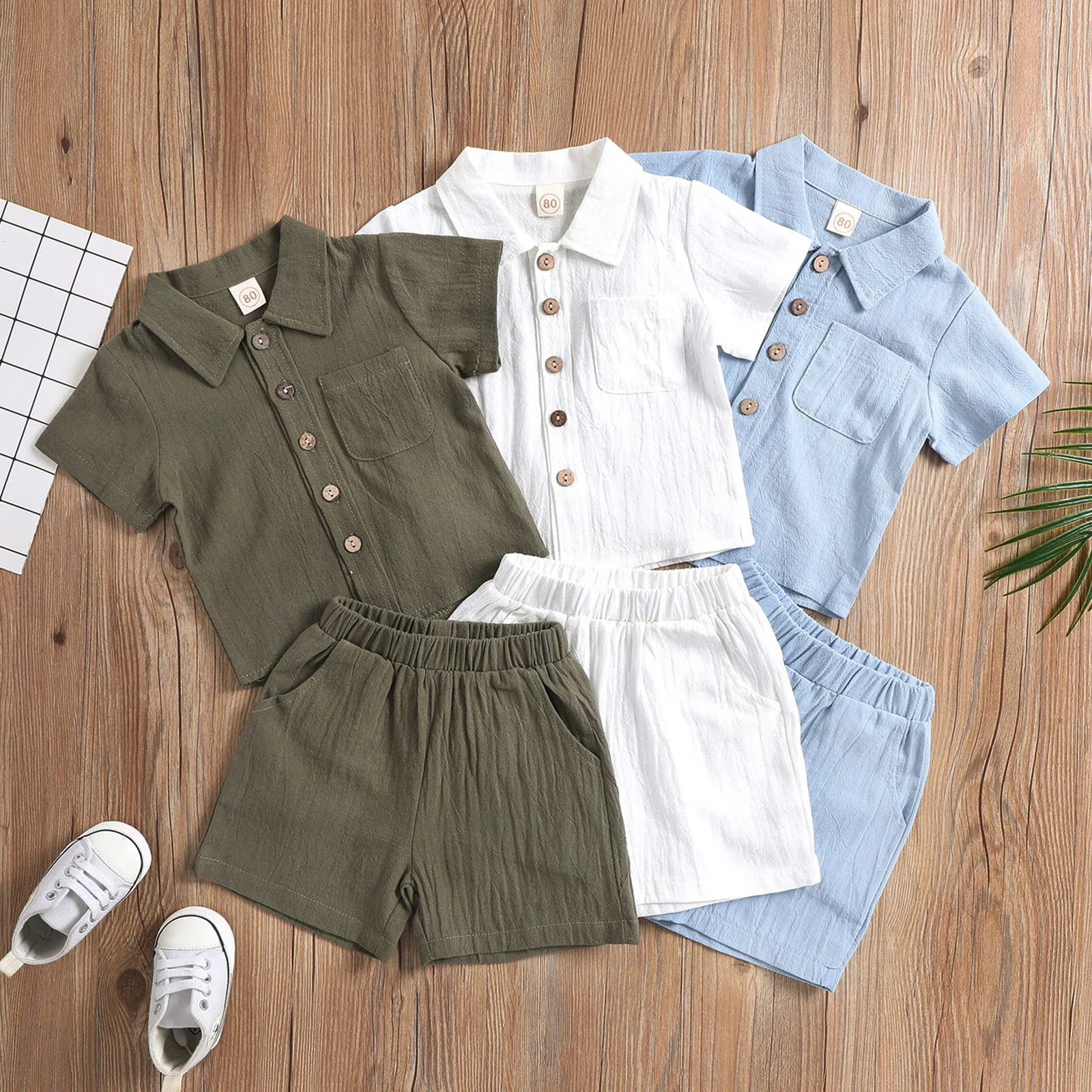 thumbnail image 2 of Conjunto de ropa de playa de lino para niños, conjunto de 2 piezas, pantalones cortos, Polo, Color sólido, estilo informal, playa, boda, Verano, 2 of 5