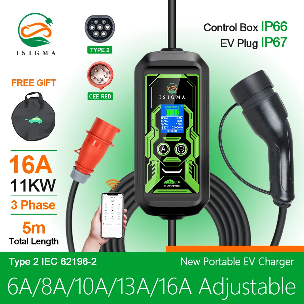 Isigma App Wifi Bluetooth Type2 Iec62196-2 Caricabatterie Ev 3.6Kw 16A 3P 11Kw 32A Monofase 7.2Kw Touch Button Schermo Lcd 220V ~ 450V